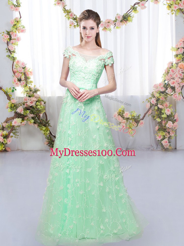 Fancy Off The Shoulder Cap Sleeves Bridesmaid Dresses Floor Length Appliques Apple Green Tulle