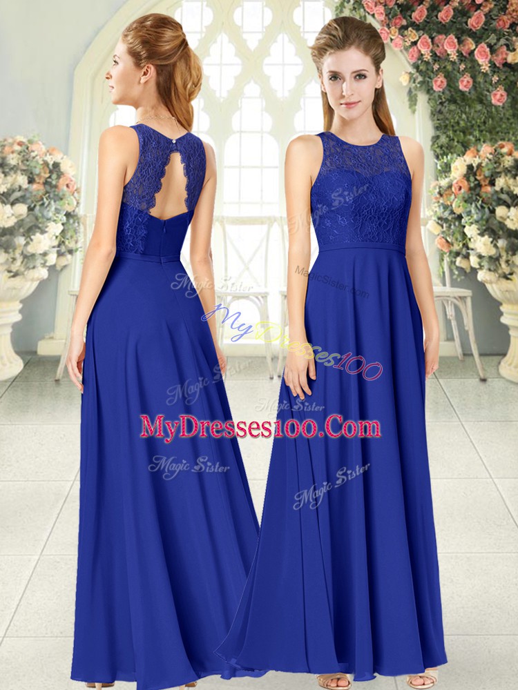 Sleeveless Chiffon Floor Length Backless in Royal Blue with Lace