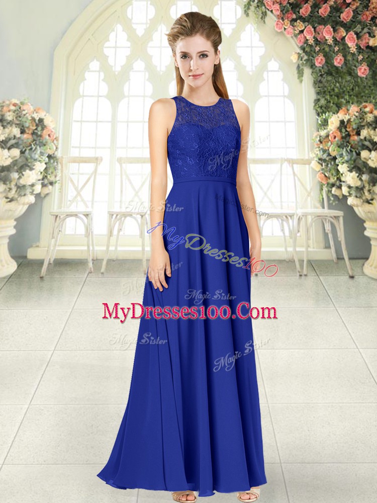 Sleeveless Chiffon Floor Length Backless in Royal Blue with Lace