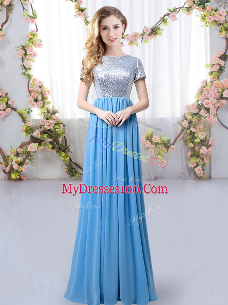 Blue Quinceanera Dama Dress Prom and Party and Wedding Party with Sequins Scoop Short Sleeves Zipper