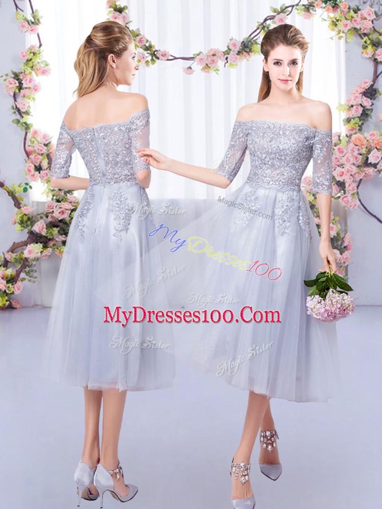 Popular Tea Length Empire Half Sleeves Grey Bridesmaid Dresses Zipper