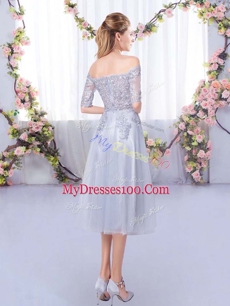 Popular Tea Length Empire Half Sleeves Grey Bridesmaid Dresses Zipper
