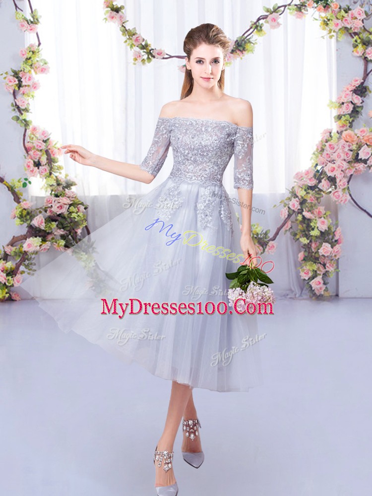 Popular Tea Length Empire Half Sleeves Grey Bridesmaid Dresses Zipper
