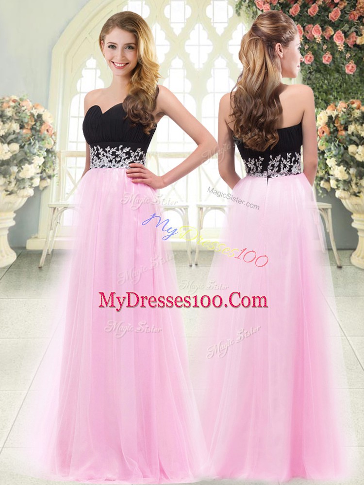 Rose Pink Empire Appliques Prom Party Dress Zipper Tulle Sleeveless Floor Length