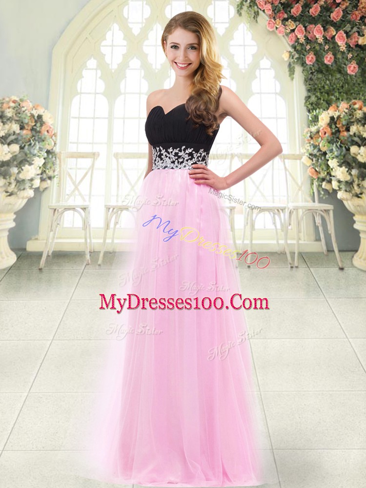Rose Pink Empire Appliques Prom Party Dress Zipper Tulle Sleeveless Floor Length