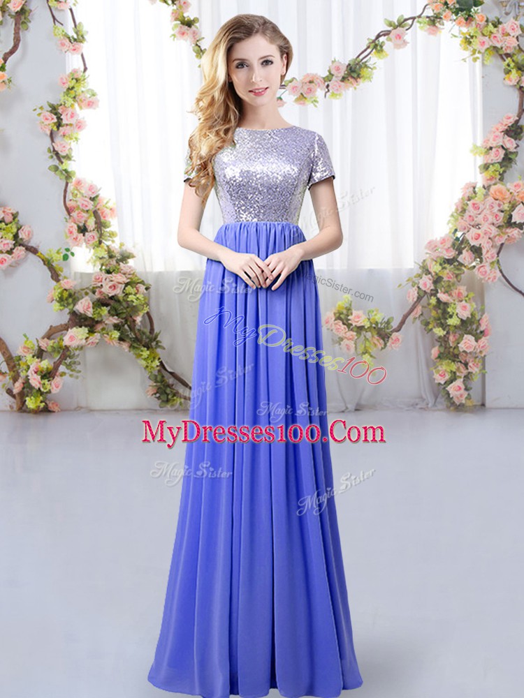 Simple Short Sleeves Zipper Floor Length Sequins Bridesmaid Gown