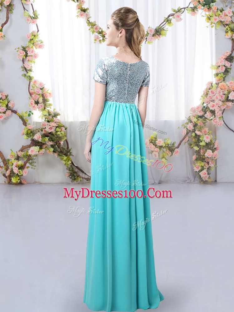 Simple Short Sleeves Zipper Floor Length Sequins Bridesmaid Gown