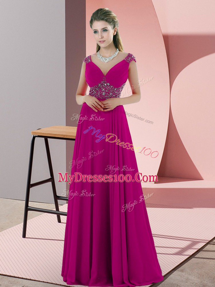 Elegant Sleeveless Floor Length Beading Backless Juniors Evening Dress with Fuchsia