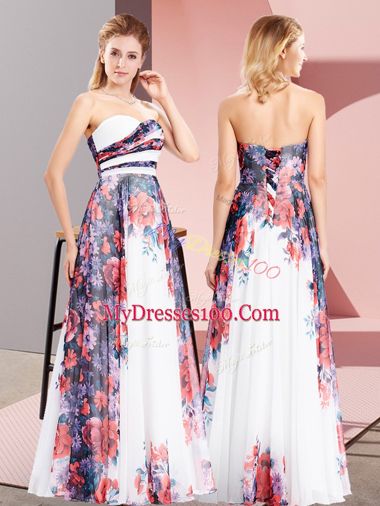 Popular White Chiffon Lace Up Sweetheart Sleeveless Floor Length Prom Evening Gown Pattern