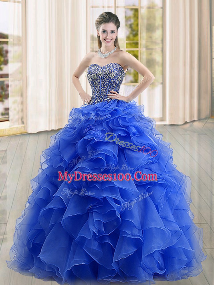 Cheap Blue Sleeveless Floor Length Beading and Ruffles Lace Up 15th Birthday Dress