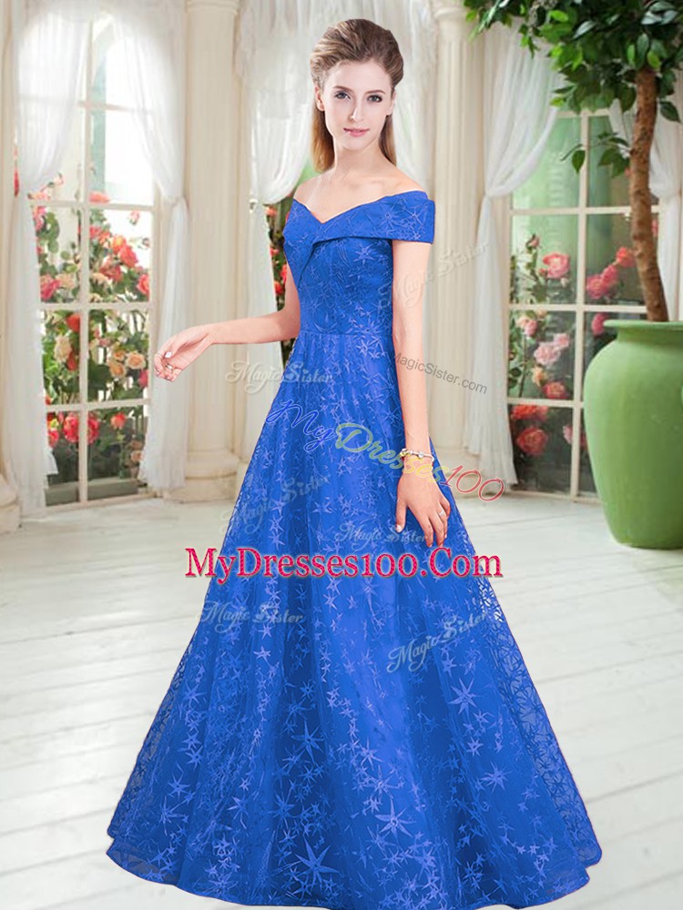 Blue Lace Up Off The Shoulder Beading Homecoming Dress Lace Sleeveless