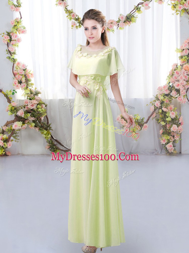Nice Yellow Green Chiffon Zipper Wedding Guest Dresses Short Sleeves Floor Length Appliques