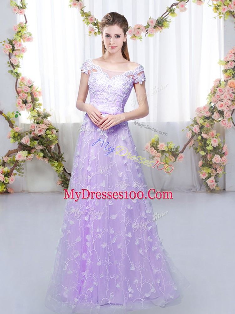 Lavender Empire Appliques Vestidos de Damas Lace Up Tulle Cap Sleeves Floor Length