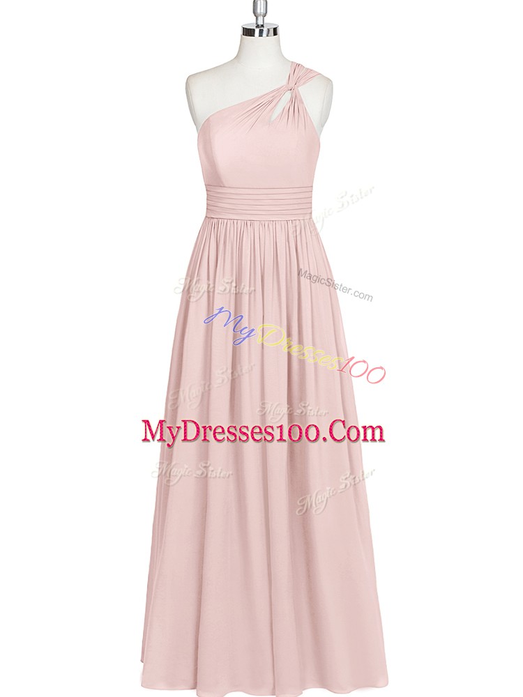 Sophisticated Floor Length Baby Pink Evening Gowns One Shoulder Sleeveless Side Zipper