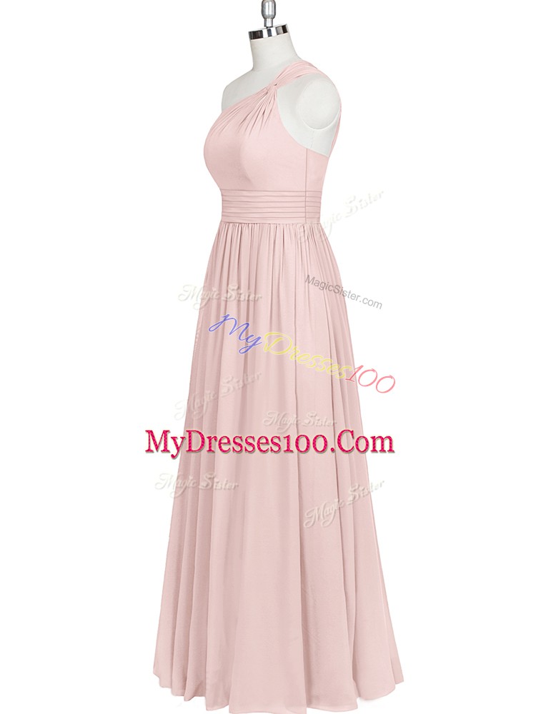 Sophisticated Floor Length Baby Pink Evening Gowns One Shoulder Sleeveless Side Zipper