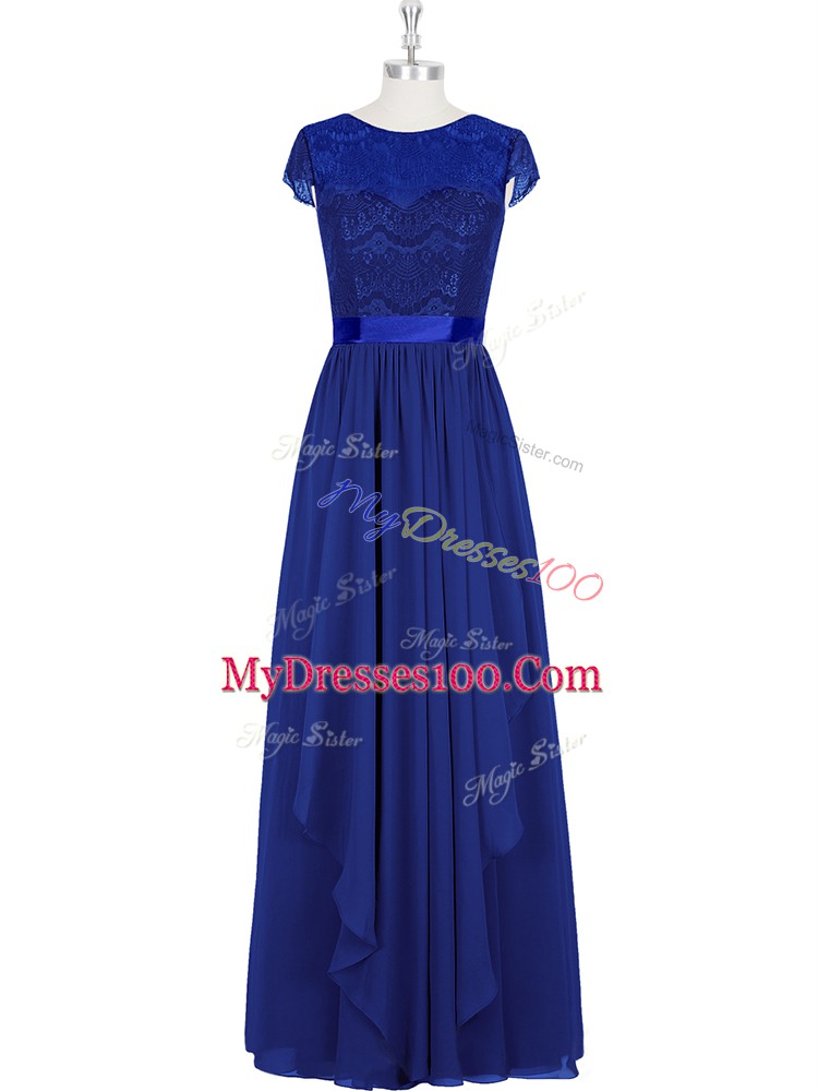 Great Cap Sleeves Chiffon Floor Length Zipper Prom Gown in Royal Blue with Lace