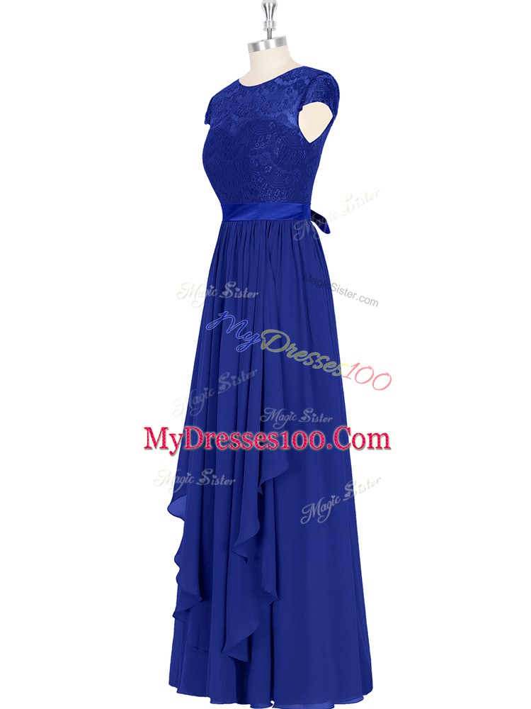 Great Cap Sleeves Chiffon Floor Length Zipper Prom Gown in Royal Blue with Lace