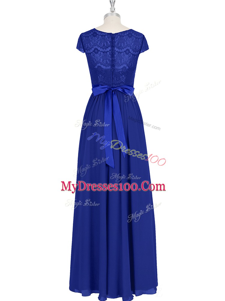 Great Cap Sleeves Chiffon Floor Length Zipper Prom Gown in Royal Blue with Lace