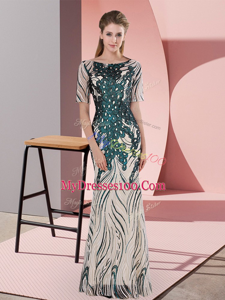 Enchanting Floor Length Green Dress for Prom Half Sleeves Sequins