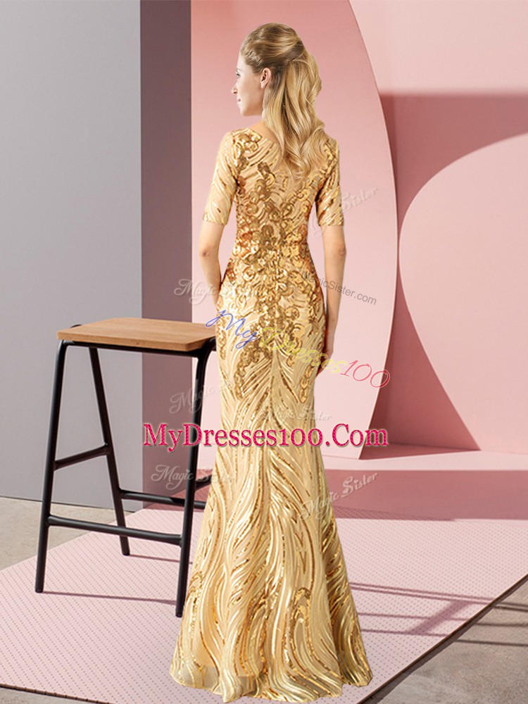 Enchanting Floor Length Green Dress for Prom Half Sleeves Sequins