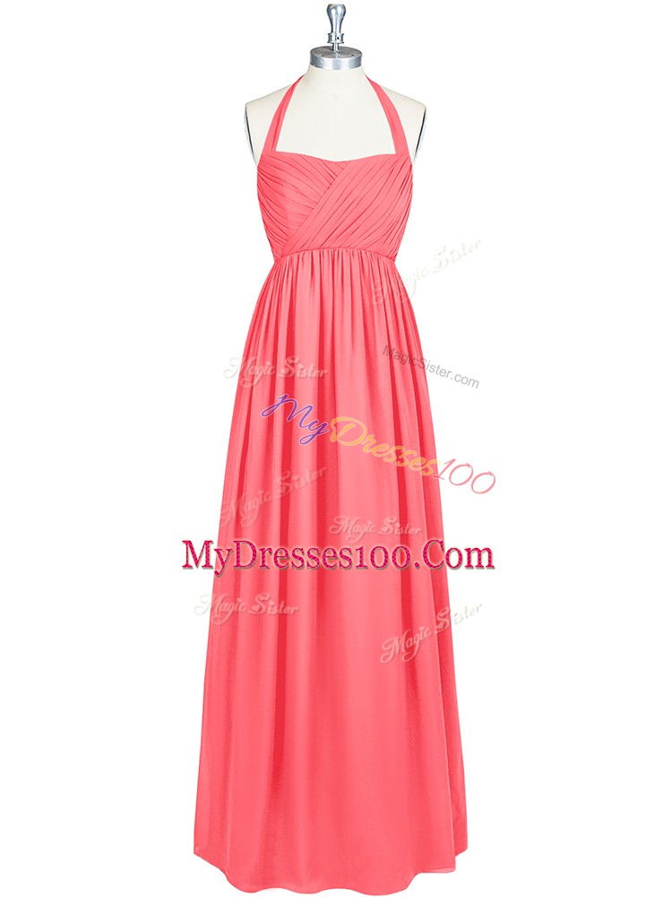 Floor Length Watermelon Red Dress for Prom Chiffon Sleeveless Ruching
