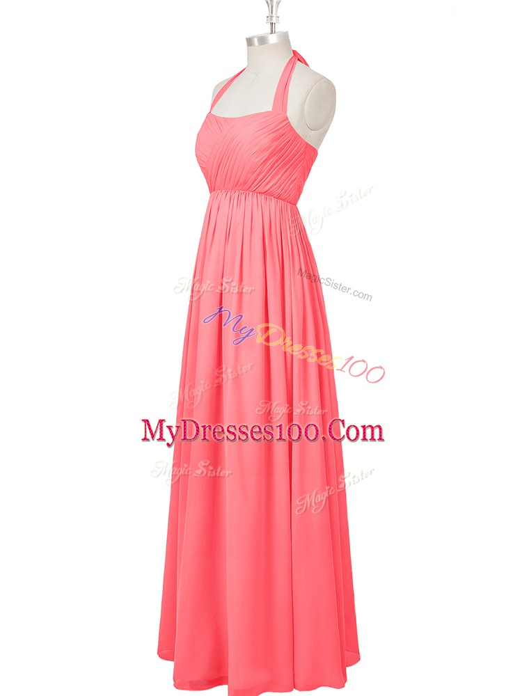 Floor Length Watermelon Red Dress for Prom Chiffon Sleeveless Ruching