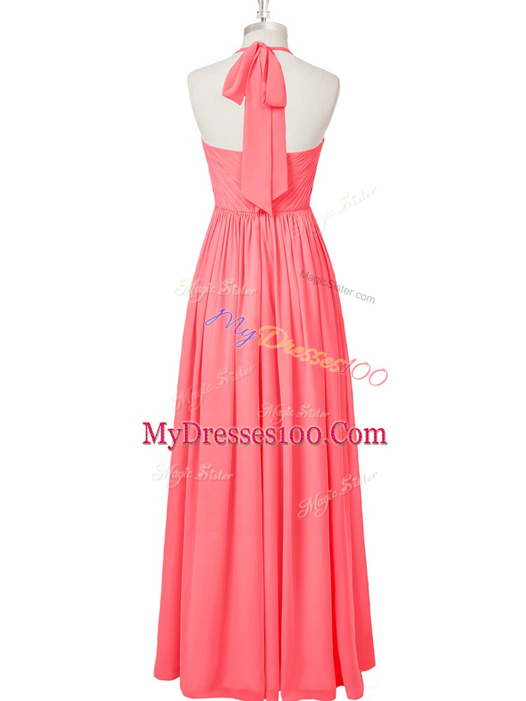 Floor Length Watermelon Red Dress for Prom Chiffon Sleeveless Ruching