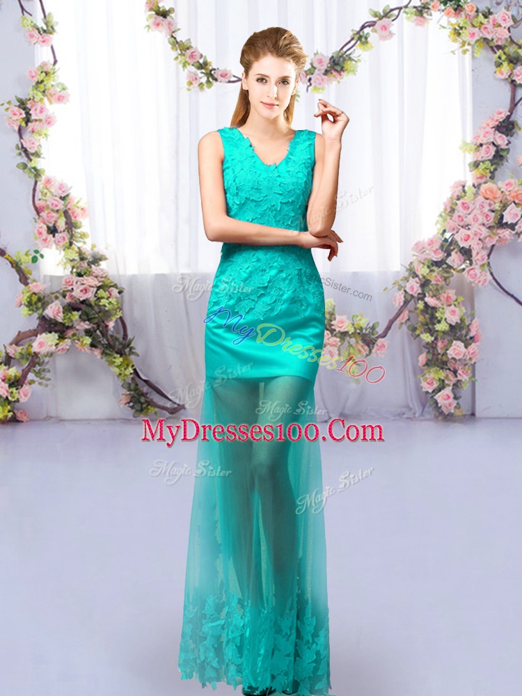 Stunning Turquoise Tulle Lace Up Vestidos de Damas Sleeveless Floor Length Lace