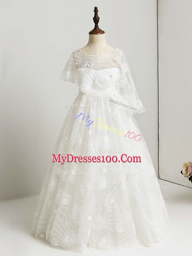 Ideal Floor Length White Flower Girl Dresses Lace