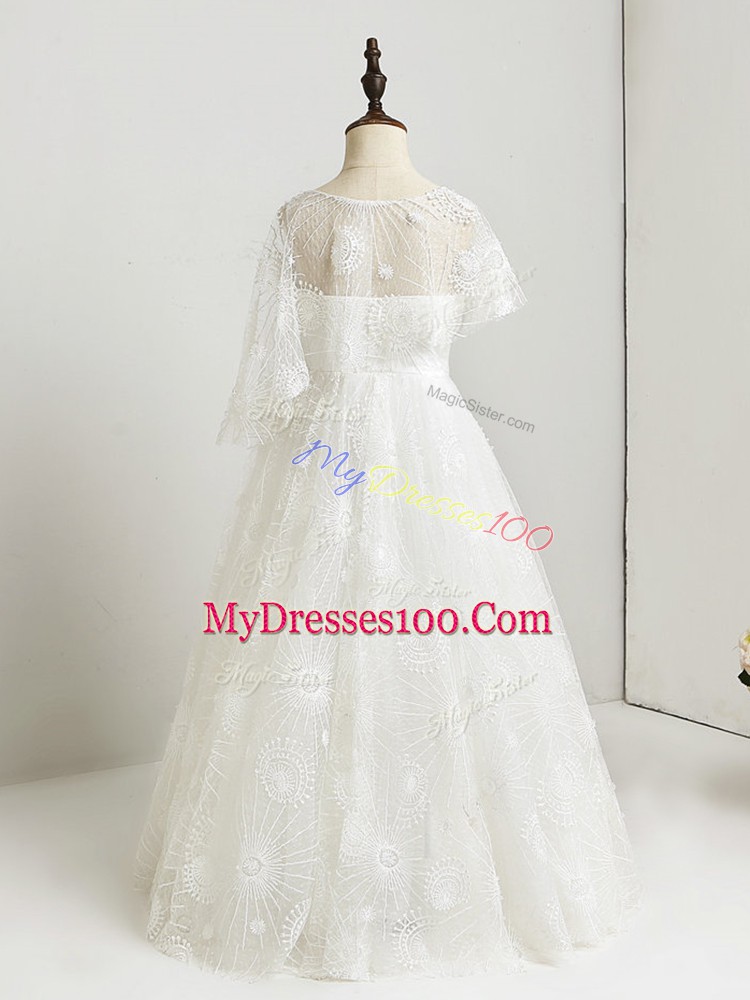Ideal Floor Length White Flower Girl Dresses Lace
