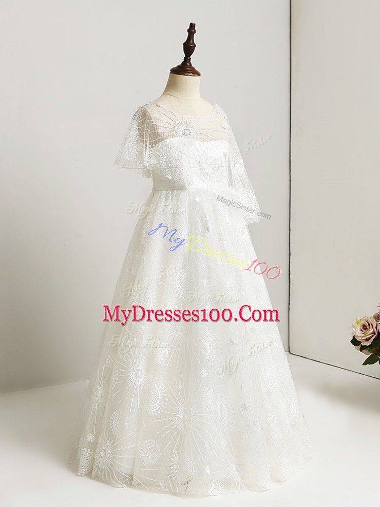 Ideal Floor Length White Flower Girl Dresses Lace