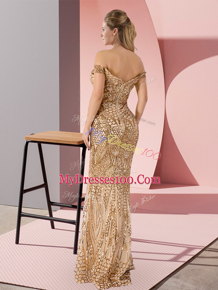 Off The Shoulder Sleeveless Evening Dress Floor Length Ruching Gold Sequined