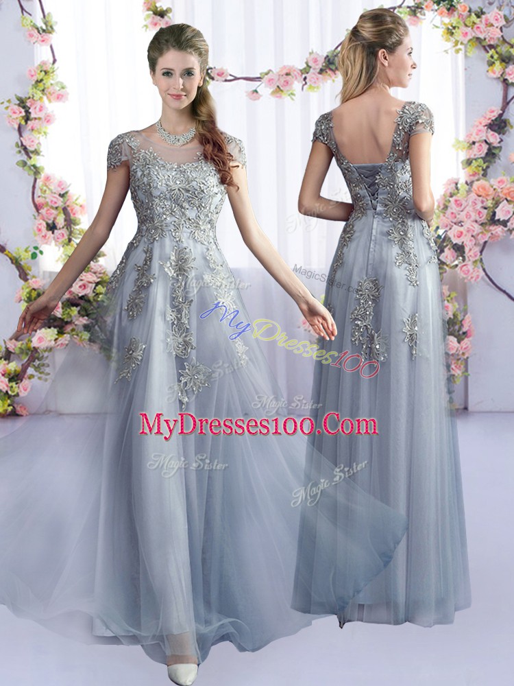 High End Grey Scoop Neckline Lace Wedding Guest Dresses Cap Sleeves Lace Up