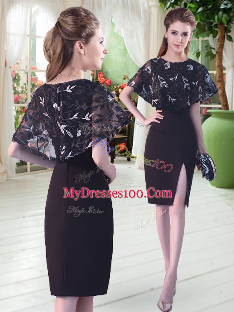 Cute Black Scoop Neckline Lace Prom Evening Gown Half Sleeves Lace Up