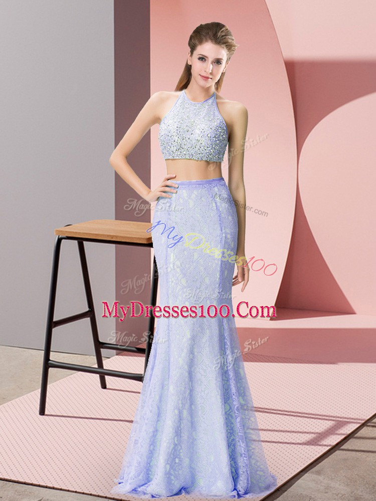Free and Easy Baby Blue Backless Halter Top Beading and Lace Going Out Dresses Sleeveless