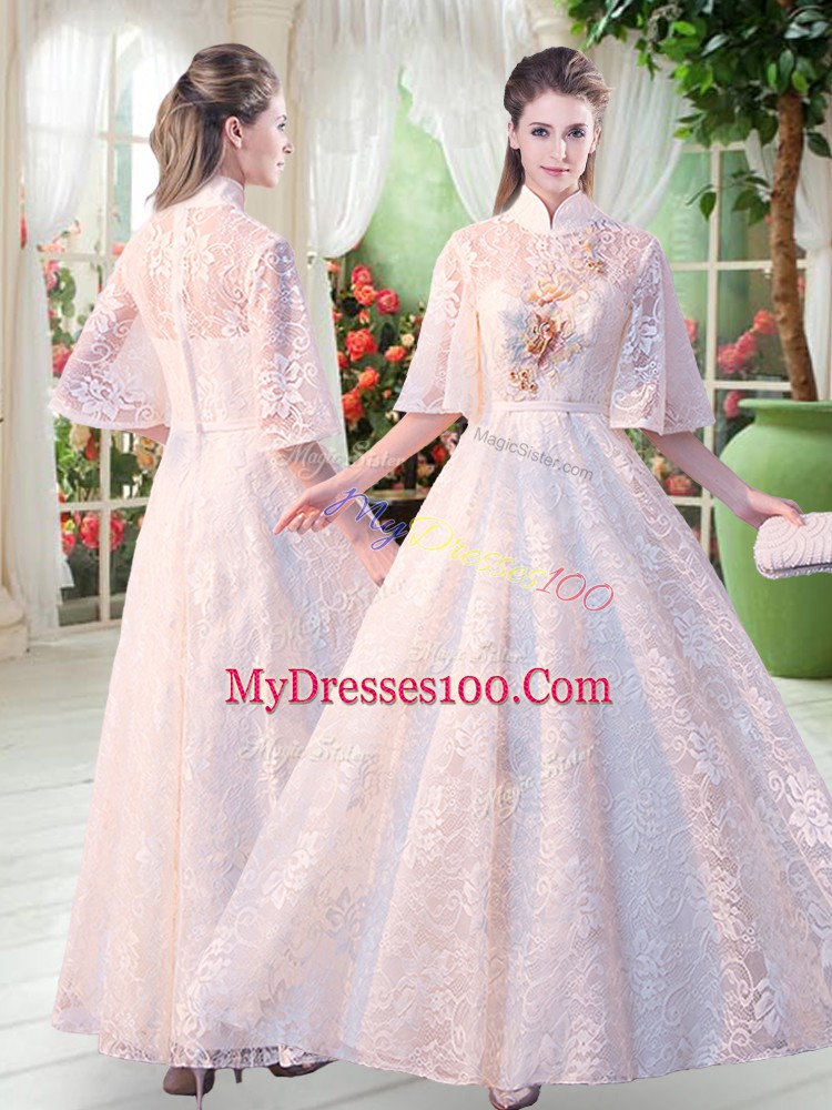 High-neck Half Sleeves Lace Prom Evening Gown Appliques Zipper