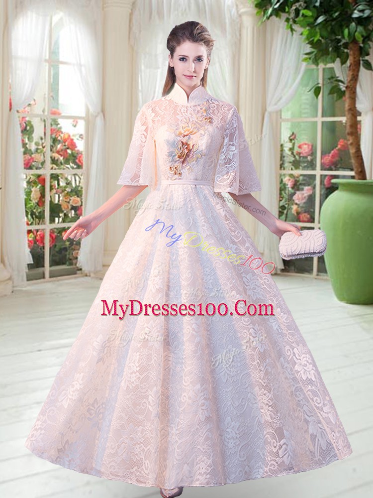 High-neck Half Sleeves Lace Prom Evening Gown Appliques Zipper