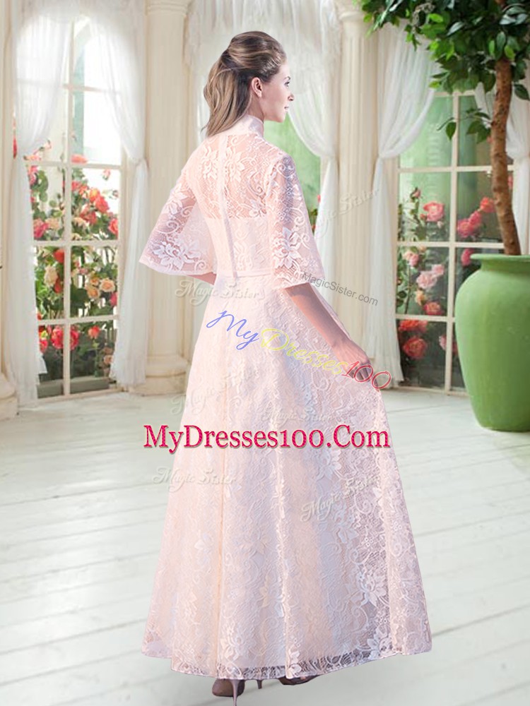 High-neck Half Sleeves Lace Prom Evening Gown Appliques Zipper
