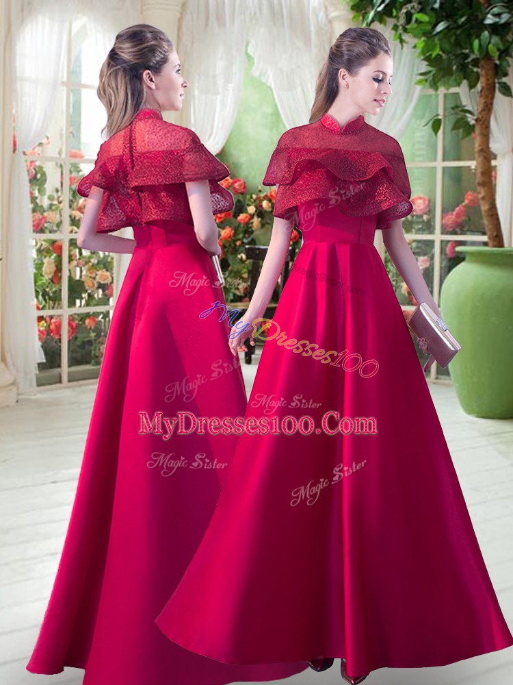Graceful Red A-line Lace Prom Party Dress Zipper Satin Short Sleeves Floor Length