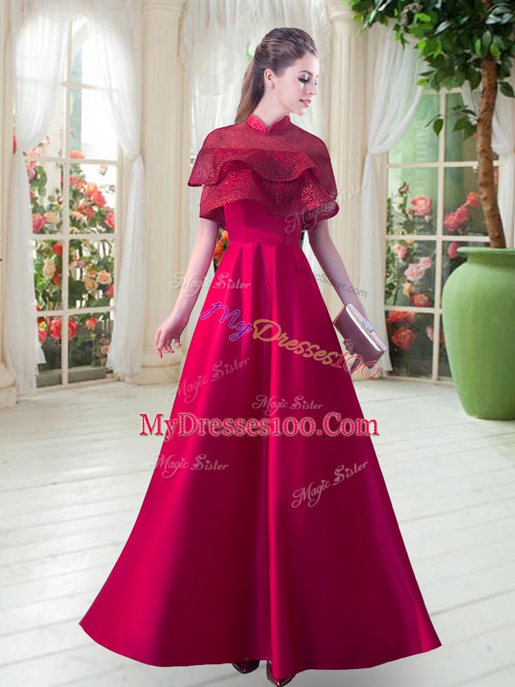 Graceful Red A-line Lace Prom Party Dress Zipper Satin Short Sleeves Floor Length