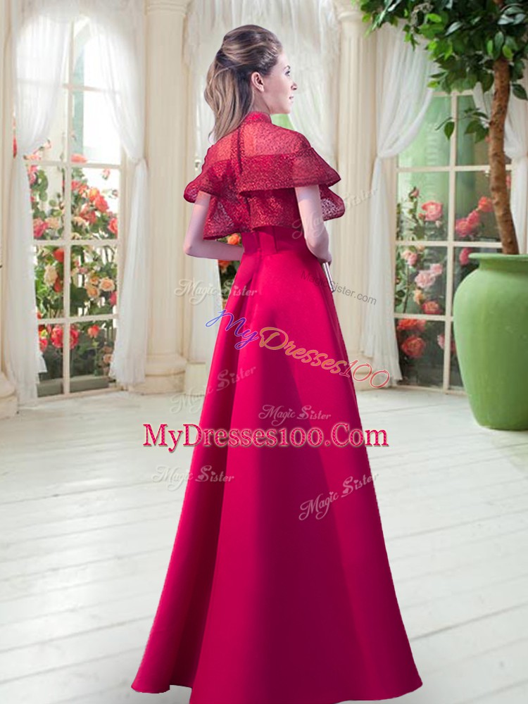 Graceful Red A-line Lace Prom Party Dress Zipper Satin Short Sleeves Floor Length