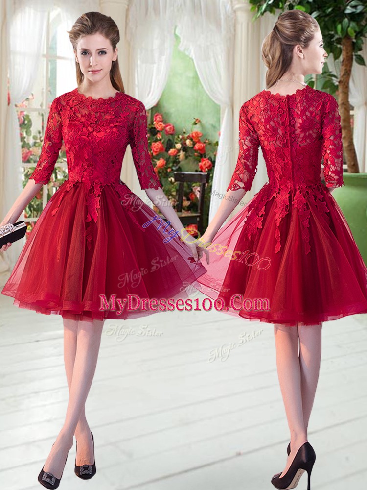 Beauteous Lace Homecoming Dress Wine Red Zipper Half Sleeves Knee Length