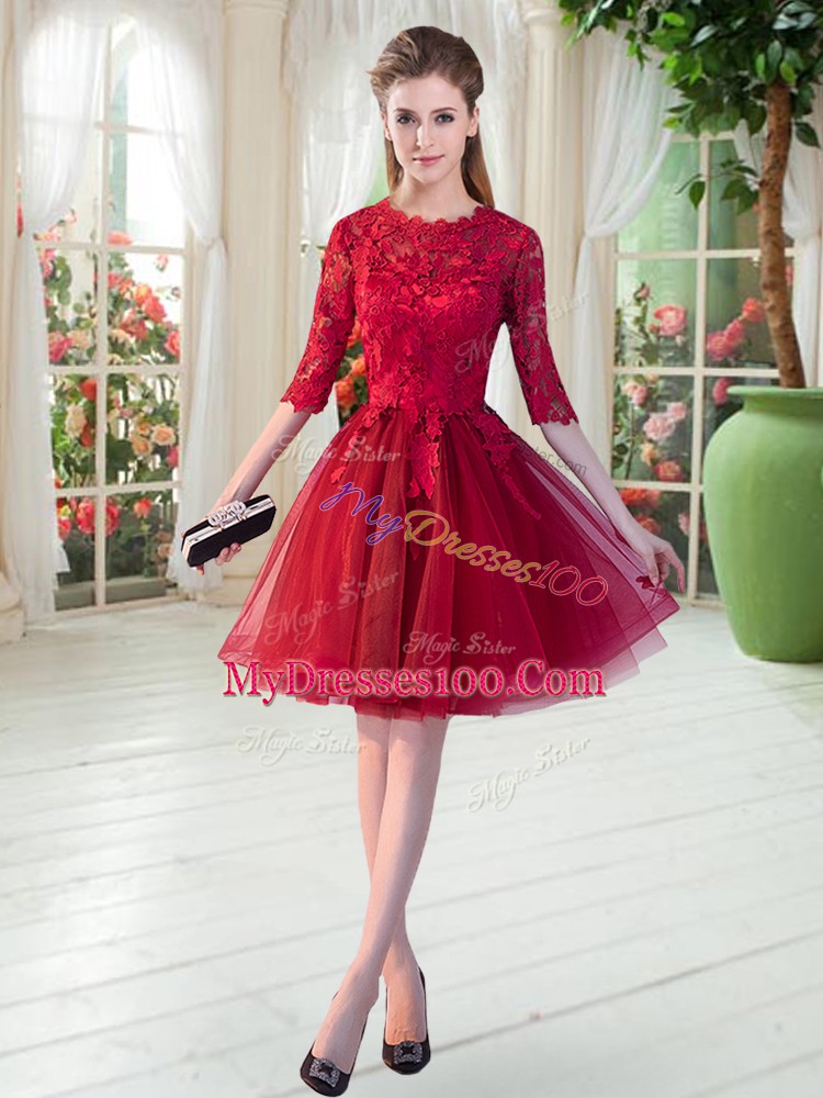 Beauteous Lace Homecoming Dress Wine Red Zipper Half Sleeves Knee Length