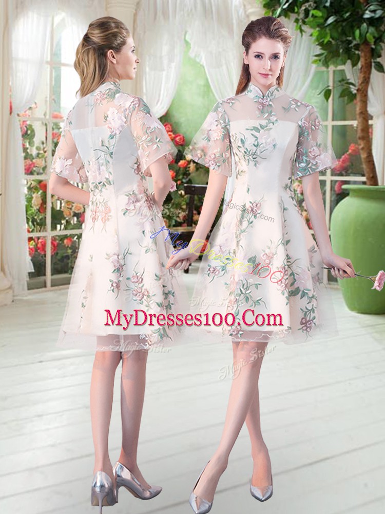 Champagne Evening Dress Prom and Party with Appliques and Embroidery High-neck Short Sleeves Zipper