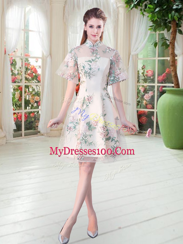 Champagne Evening Dress Prom and Party with Appliques and Embroidery High-neck Short Sleeves Zipper