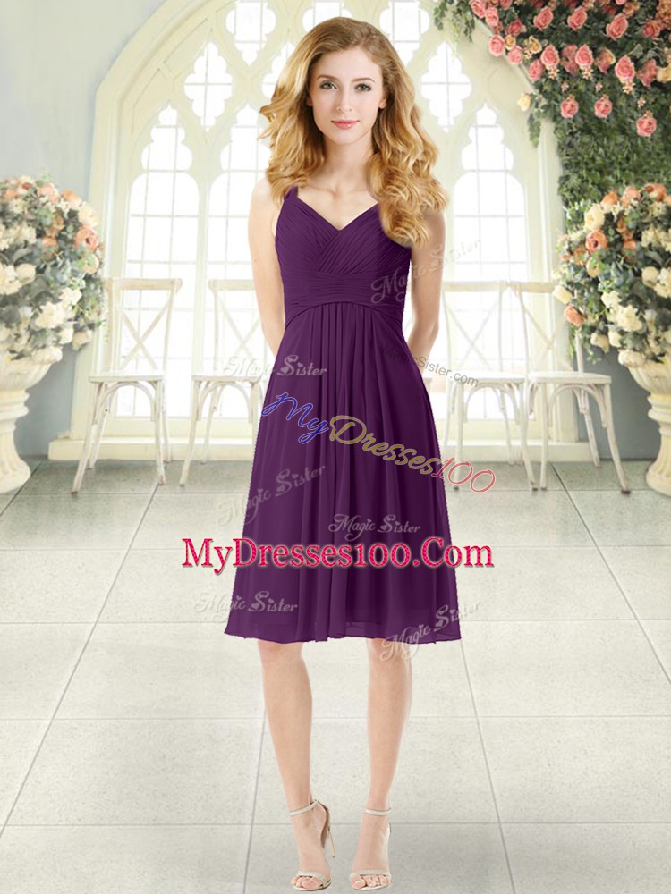 Knee Length Zipper Prom Dress Purple for Prom and Party with Ruching
