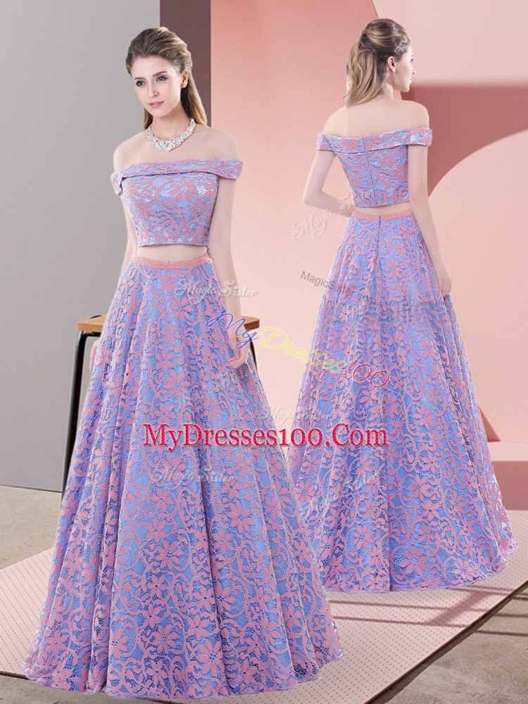 Floor Length Zipper Prom Gown Lavender for Prom and Party and Military Ball with Beading