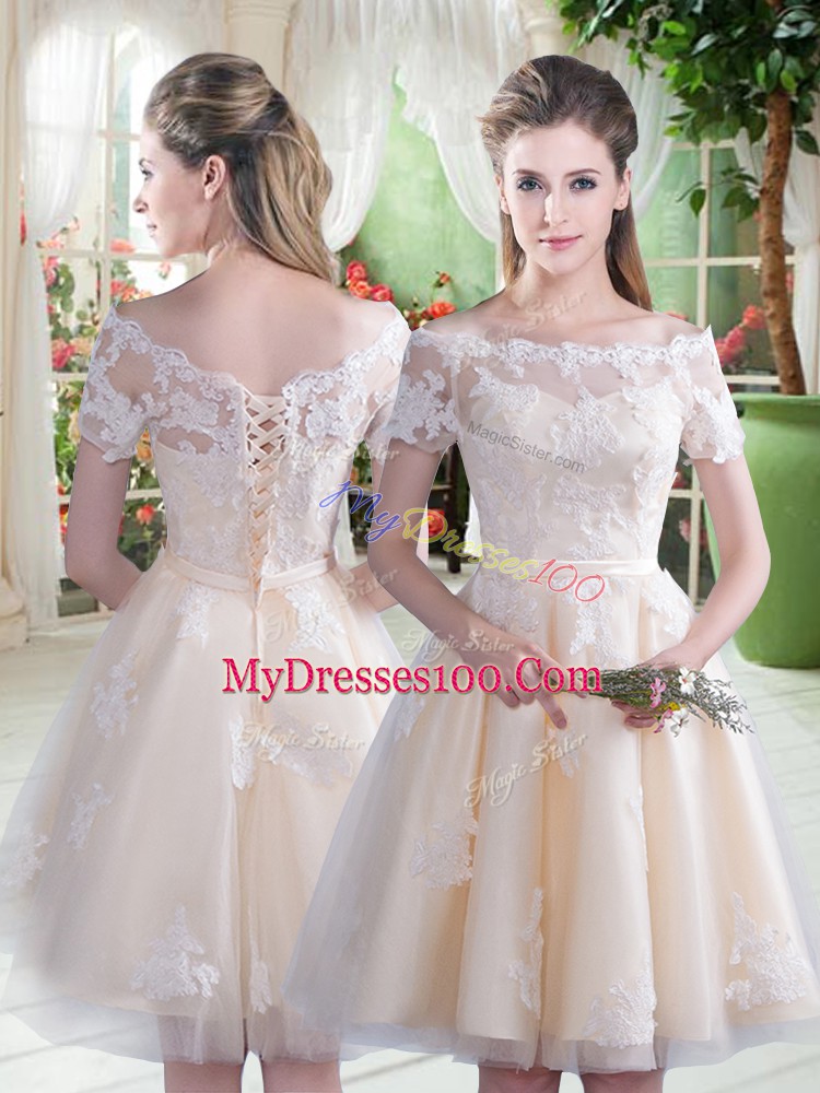 Comfortable Champagne Tulle Lace Up Off The Shoulder Short Sleeves Knee Length Formal Evening Gowns Lace