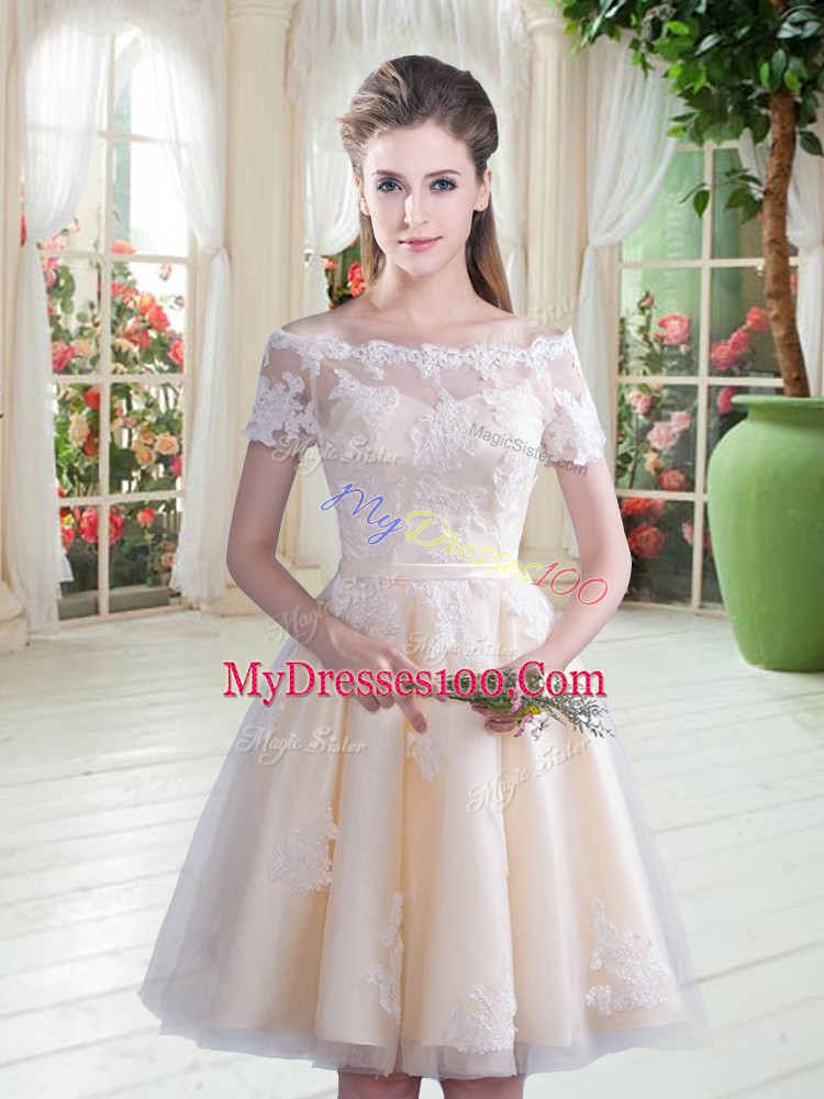 Comfortable Champagne Tulle Lace Up Off The Shoulder Short Sleeves Knee Length Formal Evening Gowns Lace