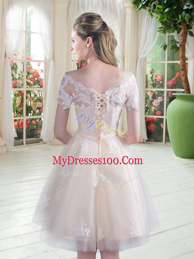Comfortable Champagne Tulle Lace Up Off The Shoulder Short Sleeves Knee Length Formal Evening Gowns Lace